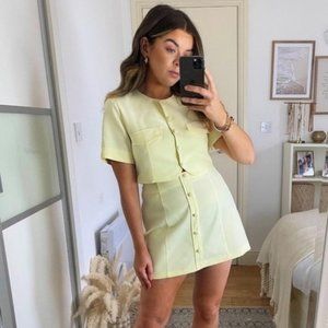 NWT ZARA WOMAN 2 PCS SET YELLOW LINEN BLEND MINI SKIRT and SHIRT size SMALL